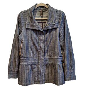 DENIM Jacket Women Size M  BLUE DENIM Jacket metal Buckle button stripe Stretch